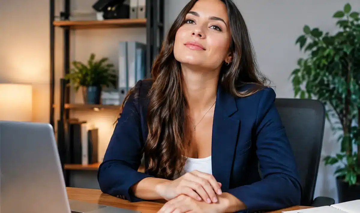 Femme assise à bureau relevant la tête vers l'avant