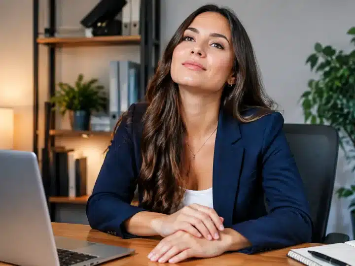 Femme assise à bureau relevant la tête vers l'avant