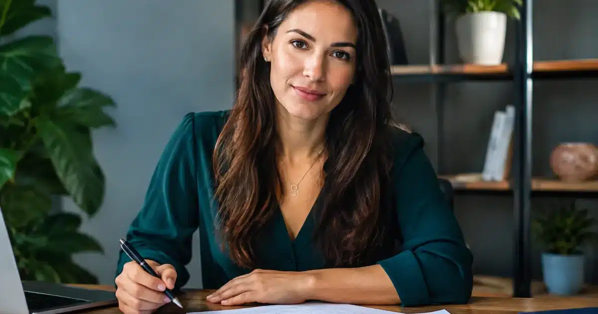 Femme assise face caméra, documents financiers étalés devant elle
