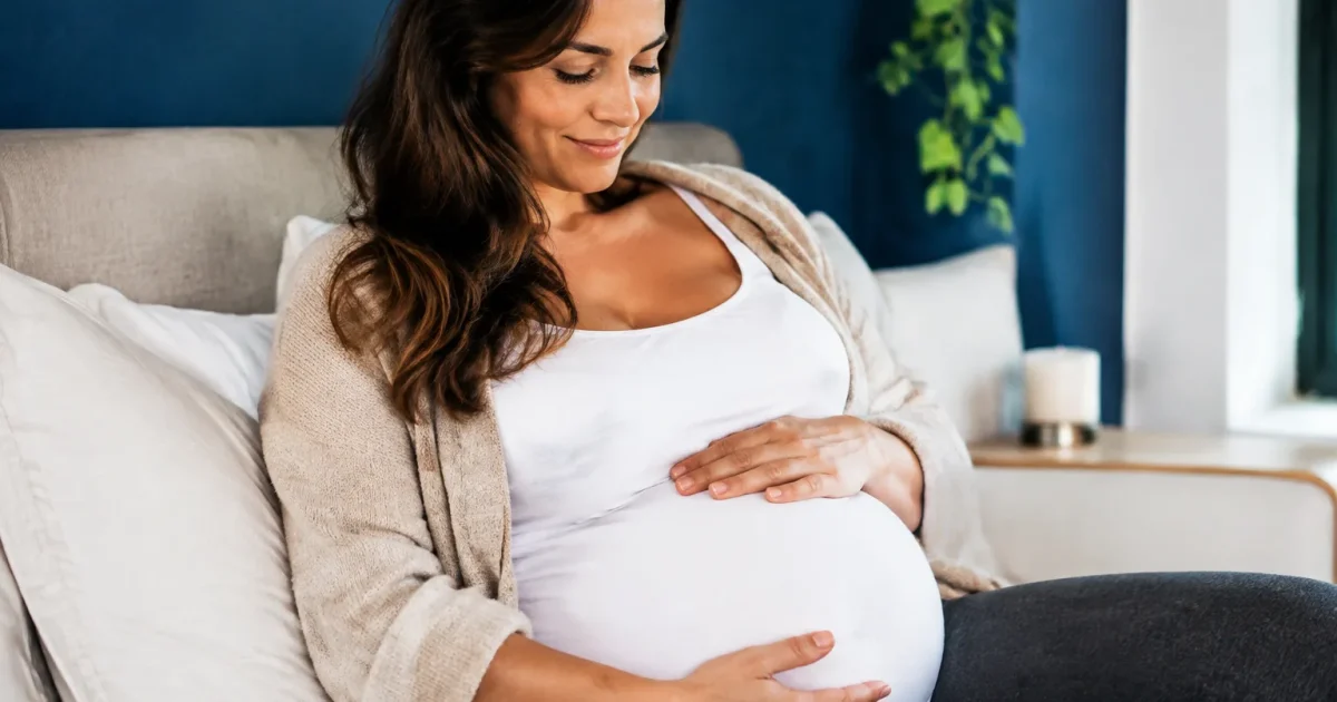 Femme enceinte mature main sur abdomen arrondi