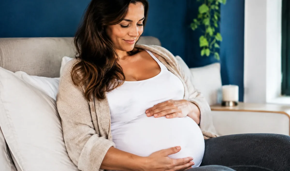 Femme enceinte mature main sur abdomen arrondi