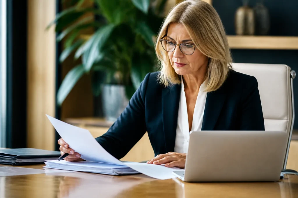 Femme mature travaillant avec documents au bureau
