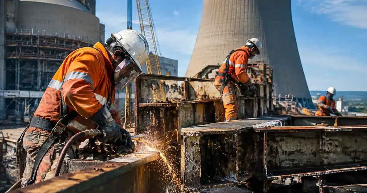 Ouvriers démontant structures métalliques massives de centrale nucléaire