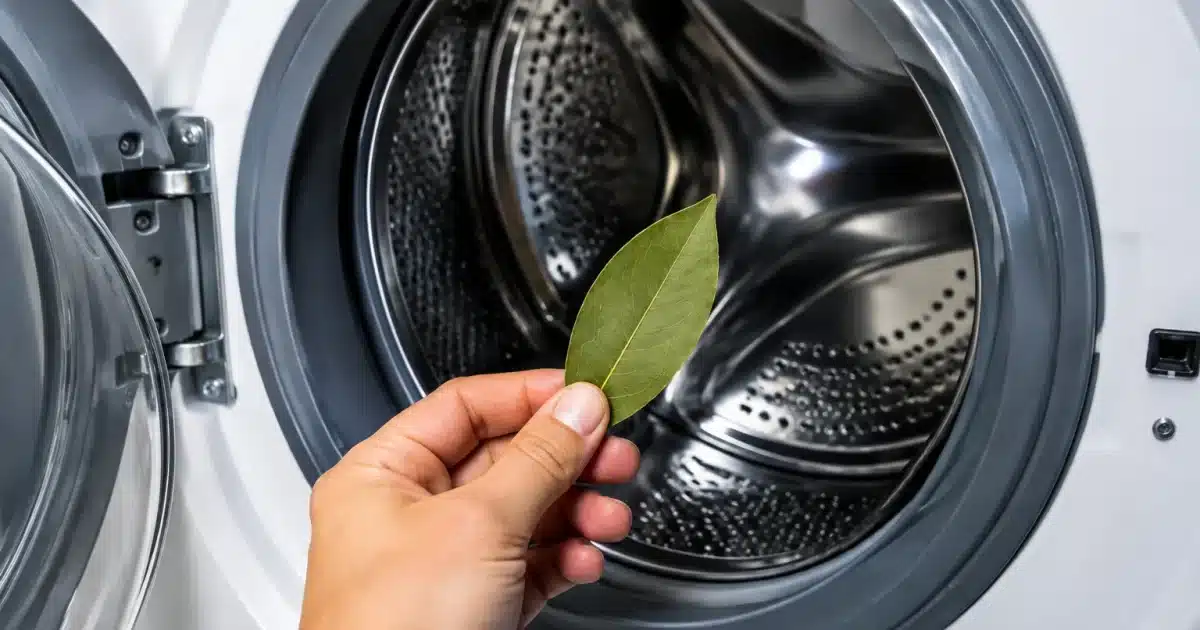 Feuille de laurier posee dans tambour de lave-linge ouvert