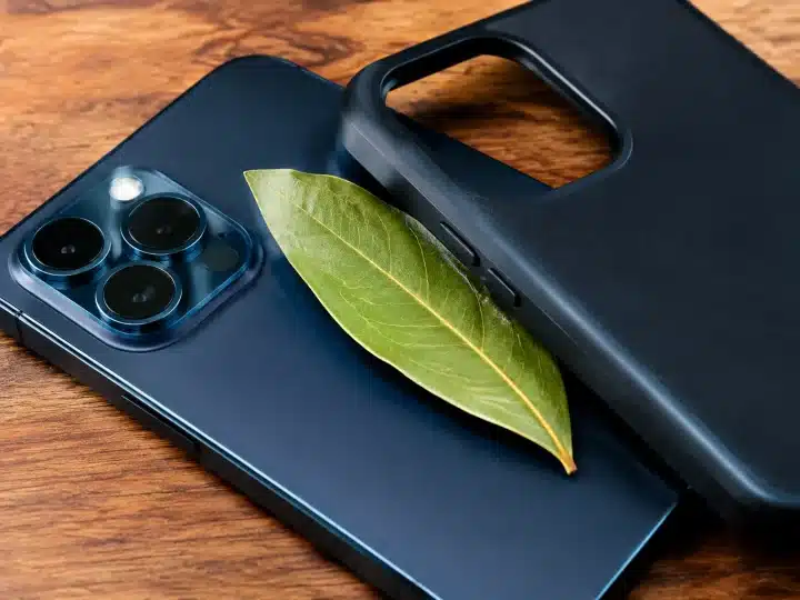Feuille de laurier glissee entre telephone et etui de protection
