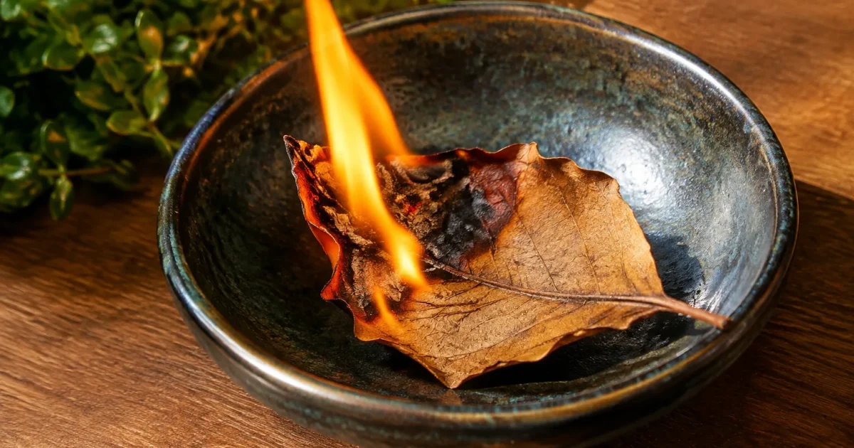 Feuille seche brulante reposant dans une coupelle