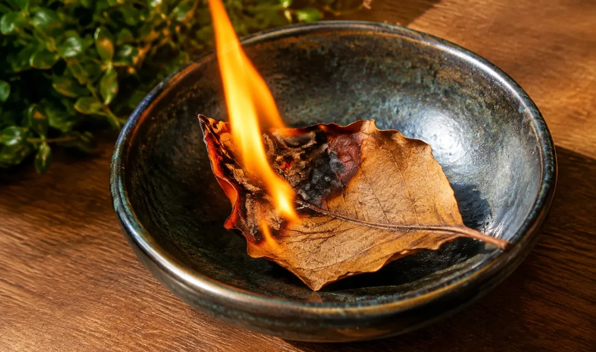 Feuille seche brulante reposant dans une coupelle