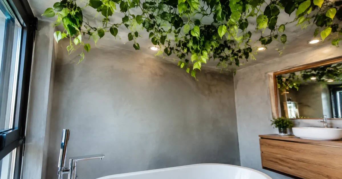 Feuilles attachees au plafond au-dessus de la baignoire