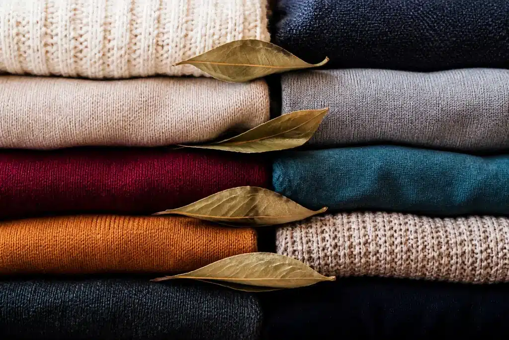 Feuilles seches de laurier disposees entre vetements plies