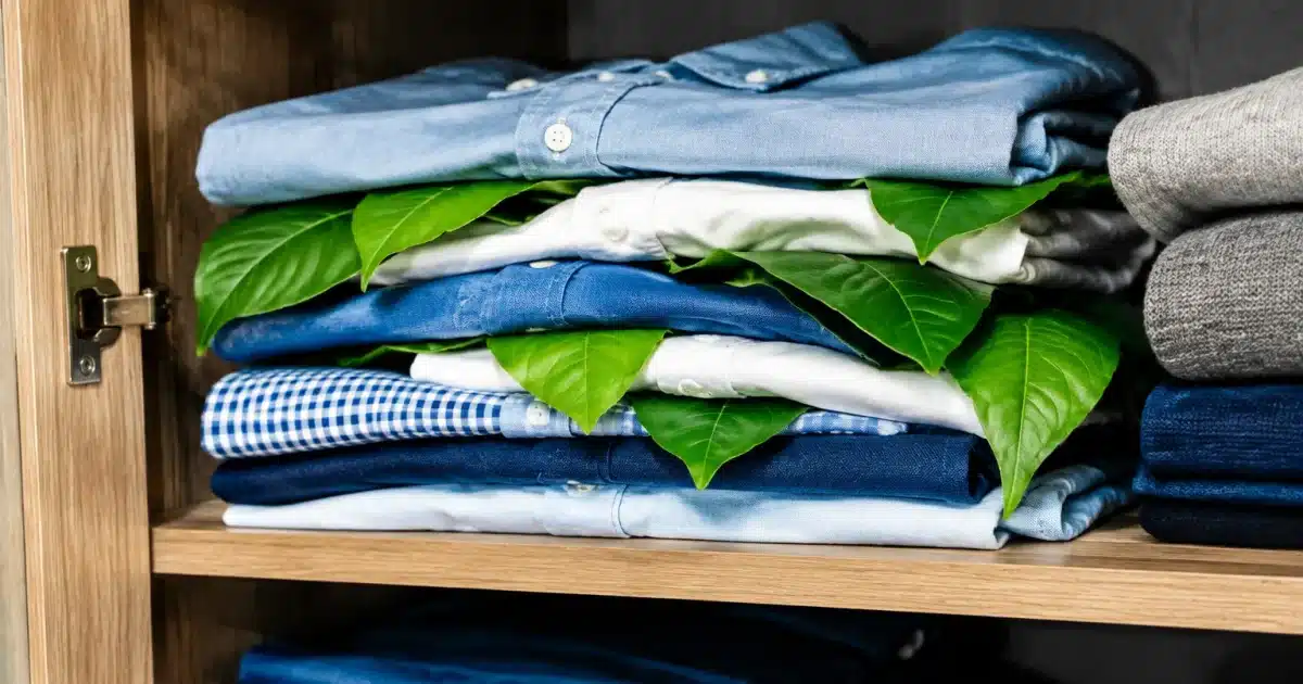 Feuilles vertes placees entre chemises empilees dans armoire ouverte