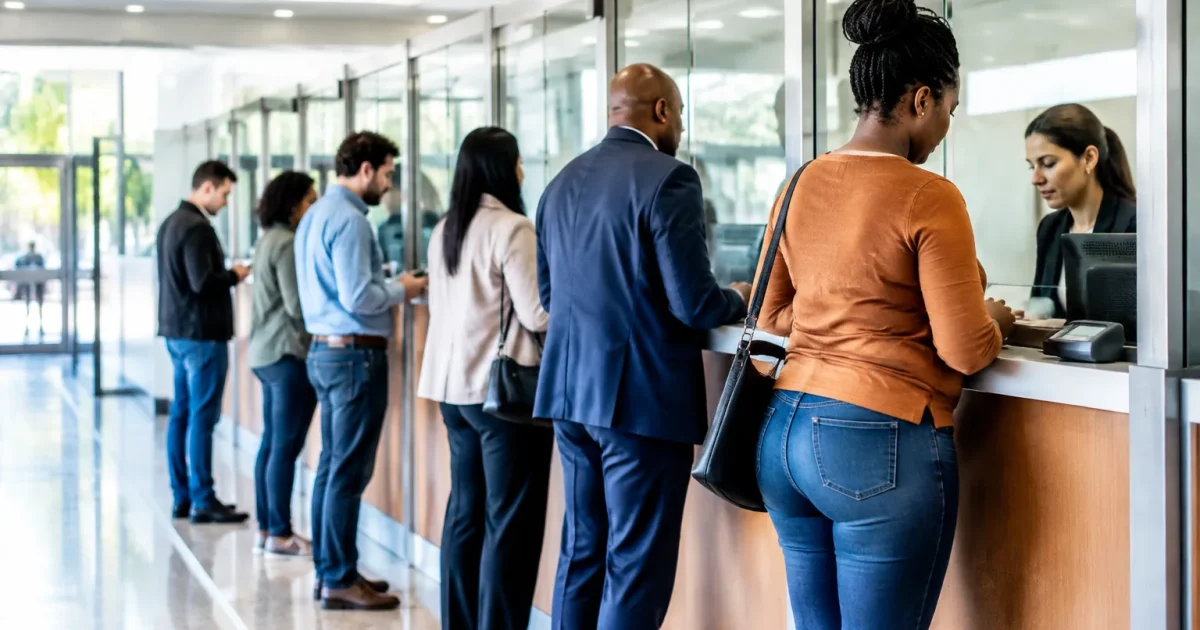 Files clients debout alignes devant multiples guichets vitres