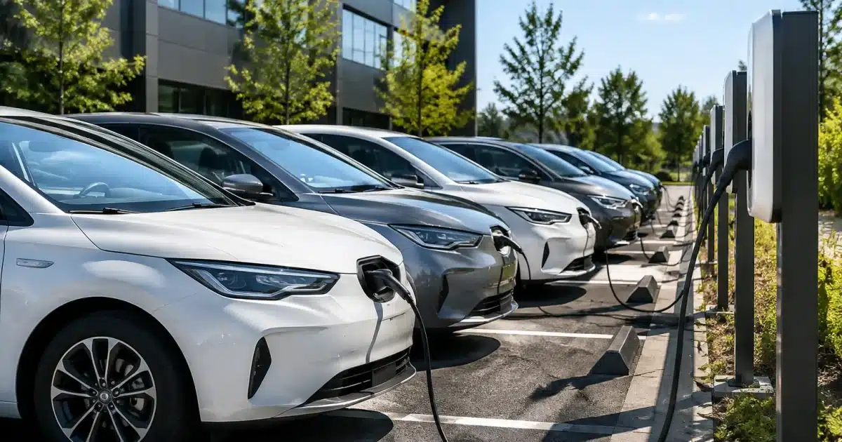 Flotte de voitures electriques alignees dans un parking d'entreprise