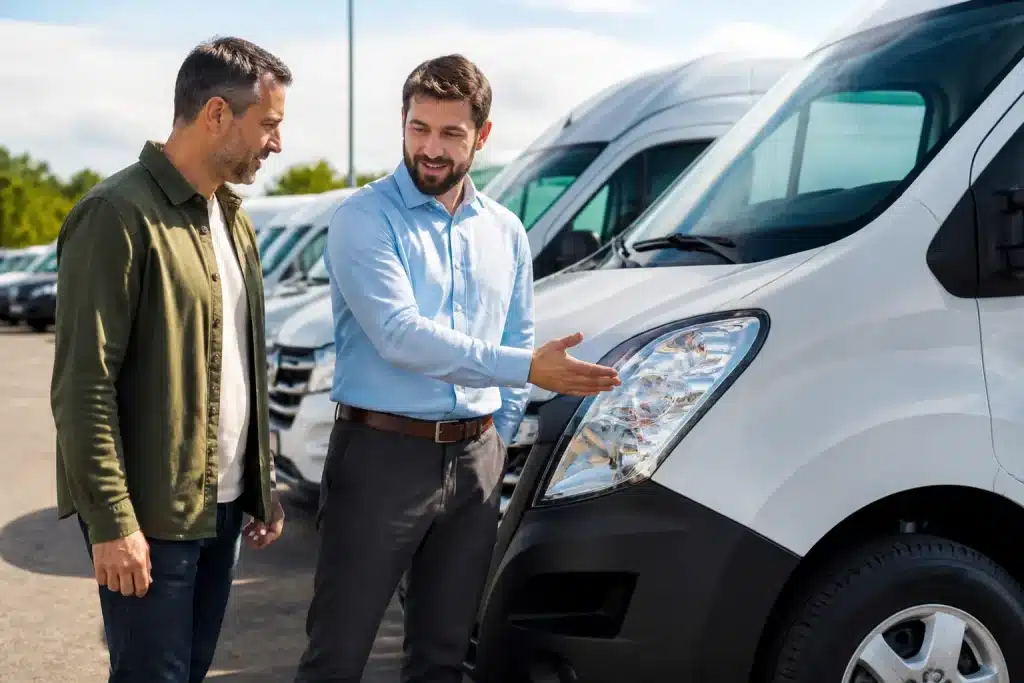 Conducteurs satisfaits inspectant camionnettes electriques modernes