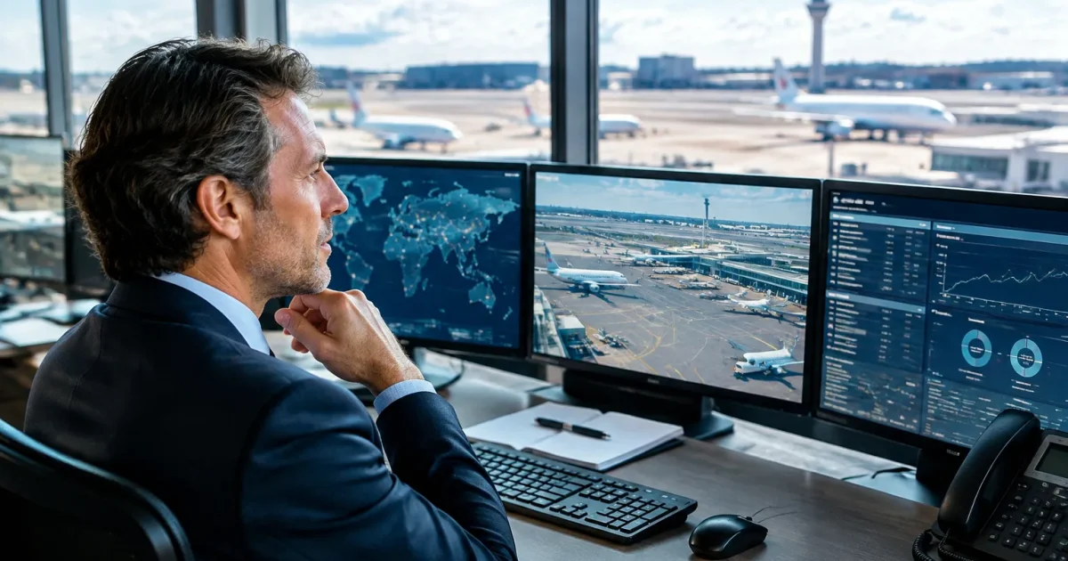 Homme en costume dirigeant des terminaux aeroportuaires mondiaux depuis bureau