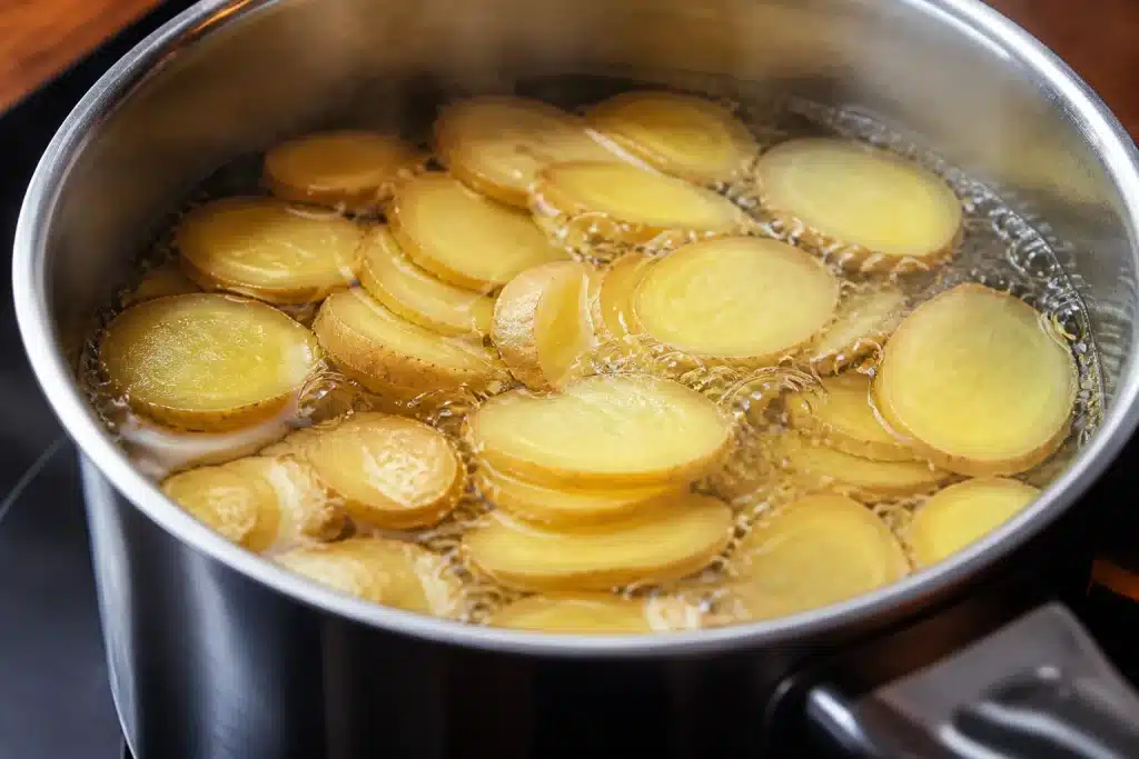 Tranches gingembre frais mijotant dans casserole eau chaude