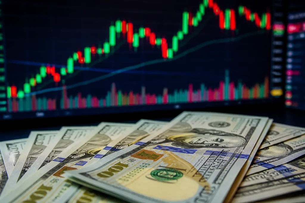 Graphiques boursiers et dollars americains sur ecran