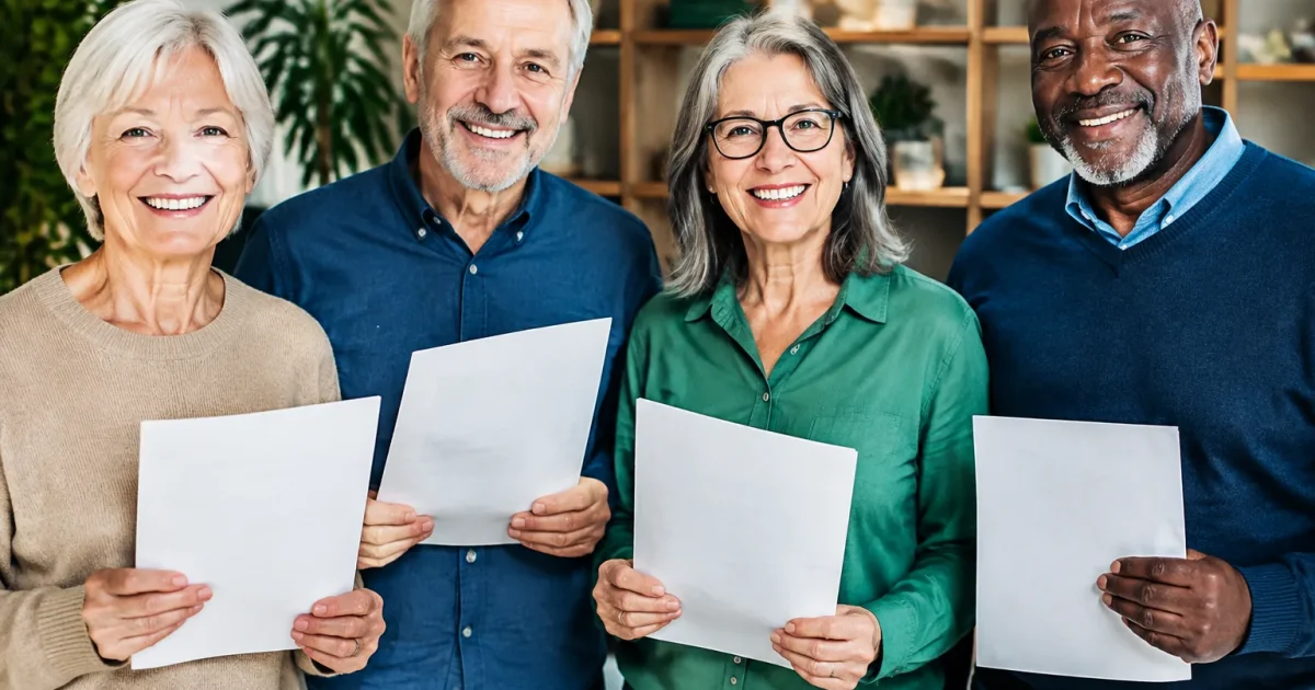 Groupe personnes debout tenant documents retraite ensemble