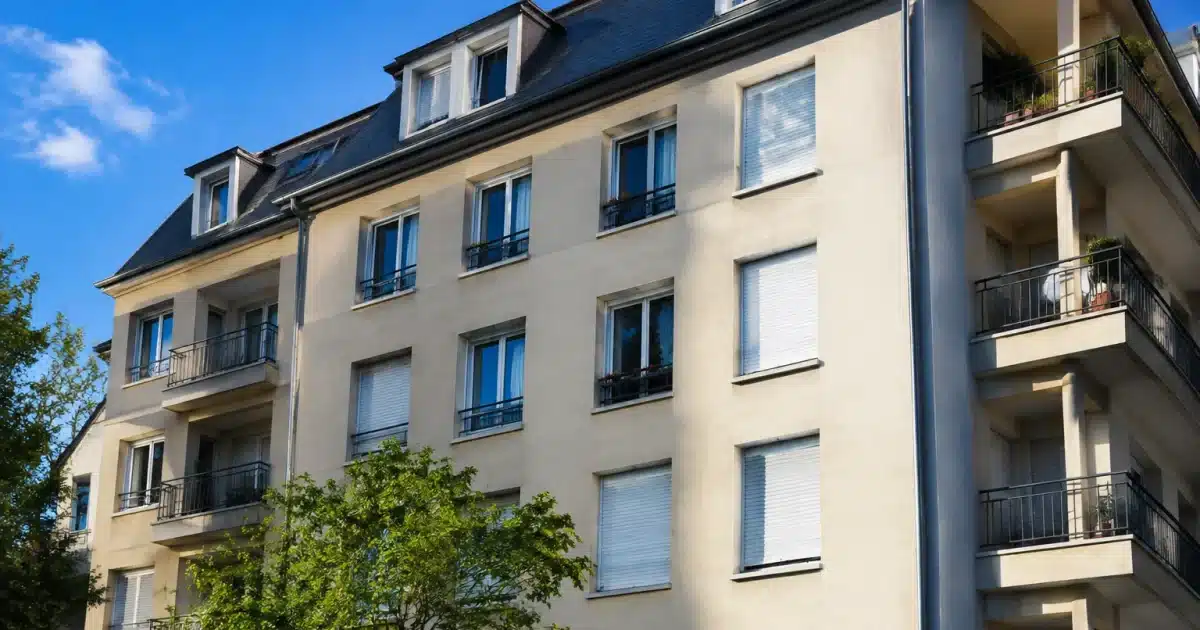Immeuble collectif avec tiers des fenetres fermees et volets clos