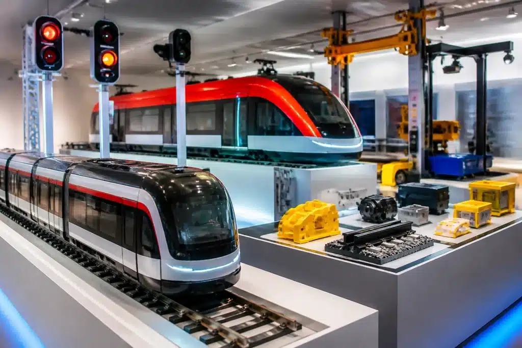 Maquettes de tramway, signalisation ferroviaire et équipements de maintenance exposés