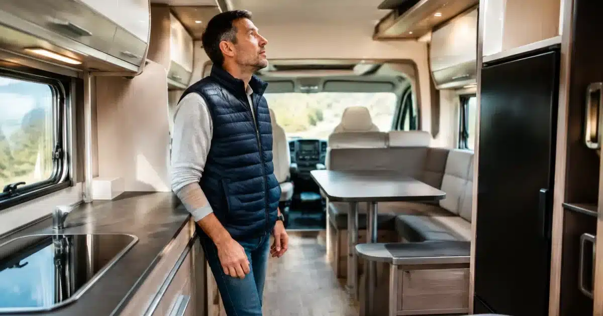 Homme inspectant l'intérieur spacieux d'un camping-car moderne neuf