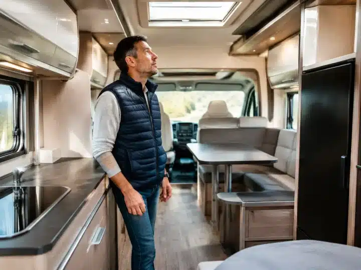 Homme inspectant l'intérieur spacieux d'un camping-car moderne neuf