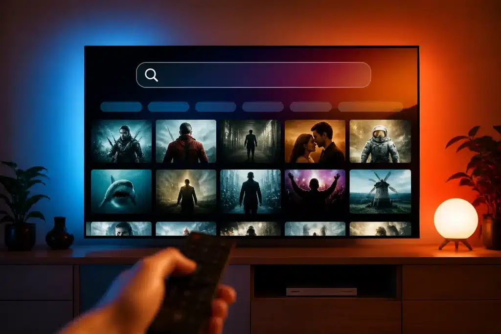 Ecran affichant barre recherche films avec menus filtres genres