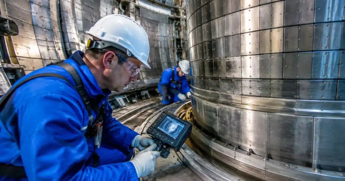 Techniciens inspectant interieur reacteur nucleaire avec outils diagnostiques