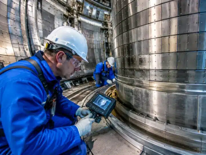Techniciens inspectant interieur reacteur nucleaire avec outils diagnostiques