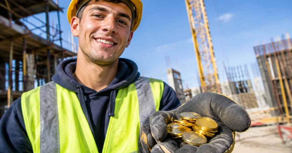 Jeune ouvrier tenant pieces dorees main ouverte chantier