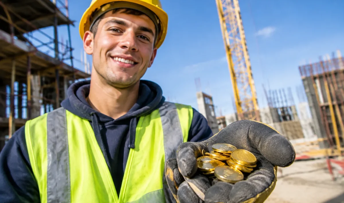 Jeune ouvrier tenant pieces dorees main ouverte chantier