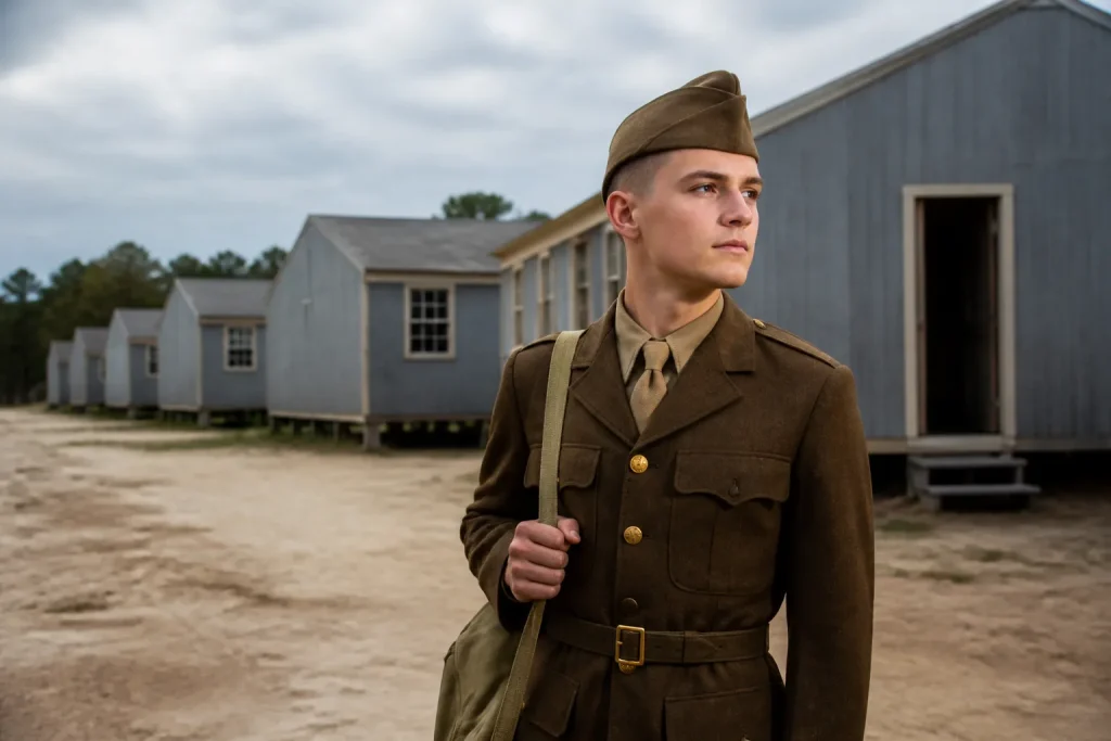 Jeune homme en uniforme devant baraquements gris austères