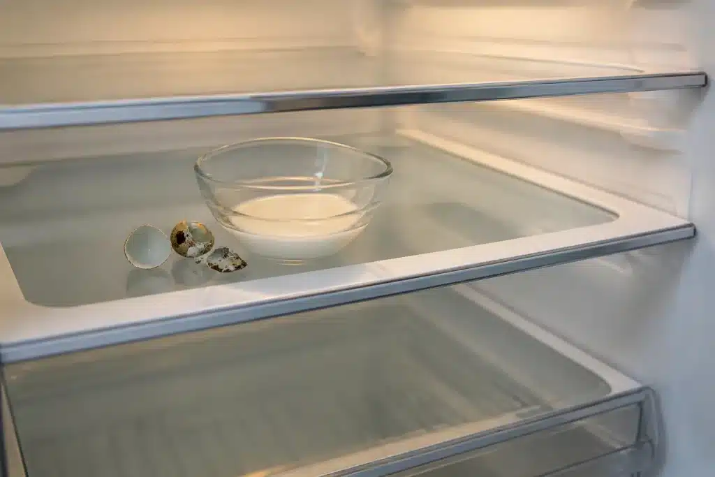 Bol de lait caille ouvert dans refrigerateur vide