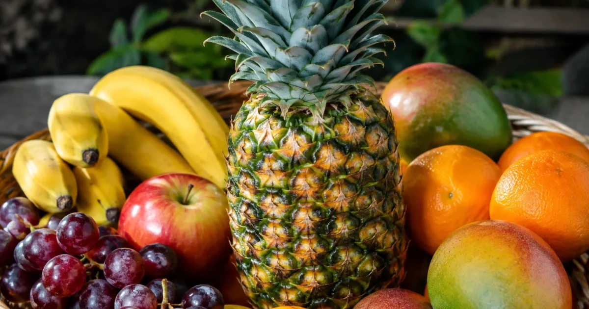 Liege dresse verticalement parmi fruits empiles dans panier