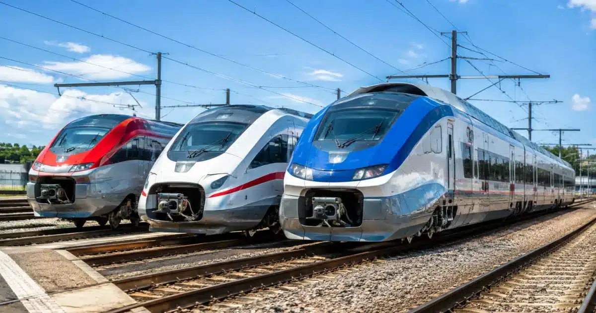 Trois locomotives modernes alignees sur les rails de gare