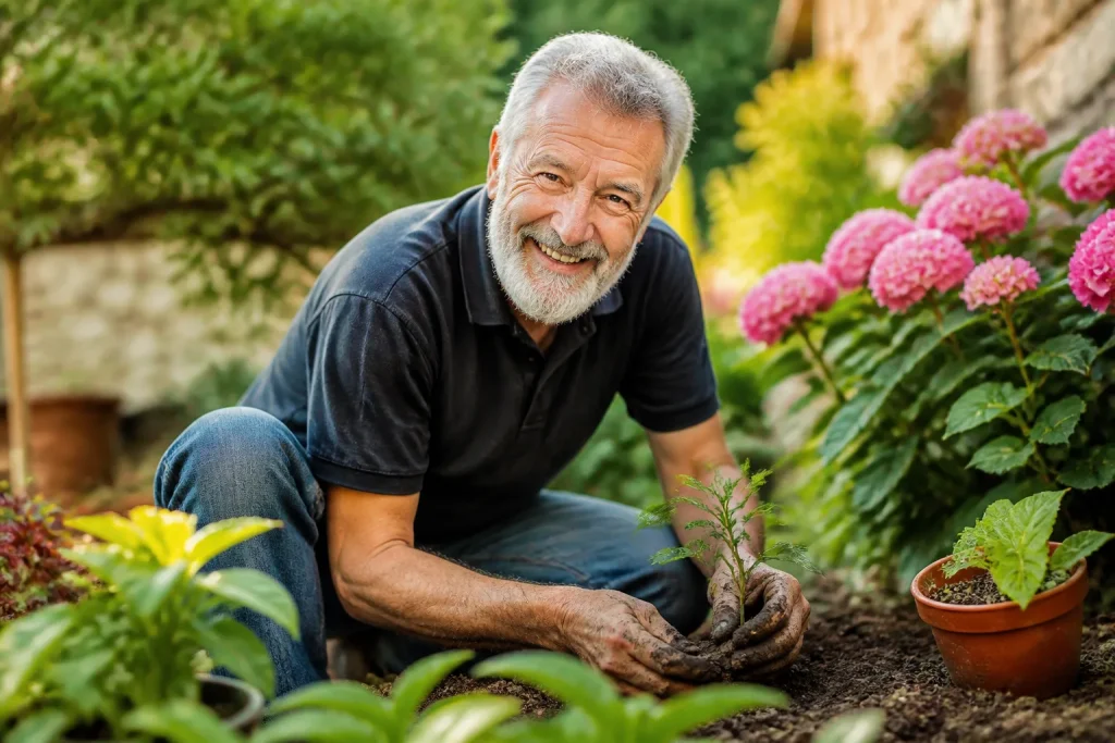 Homme age souriante jardinage activite quotidienne mains terre