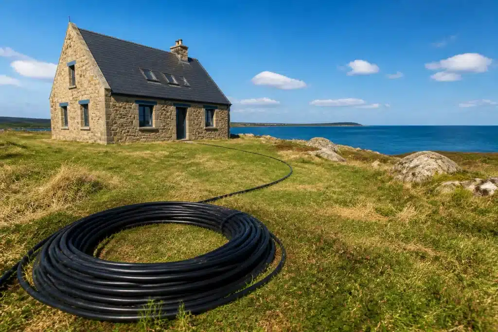 Maison isolée avec cable fibre optique s'etendant loin