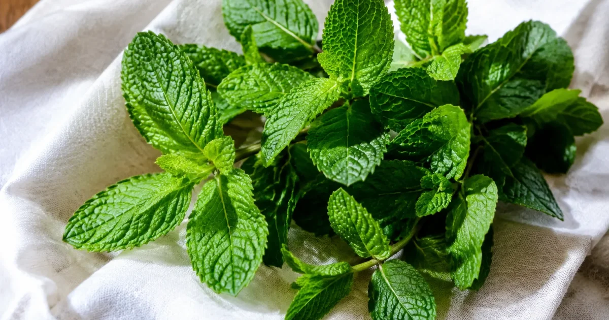 Feuilles de menthe fraiches posees sur linge blanc
