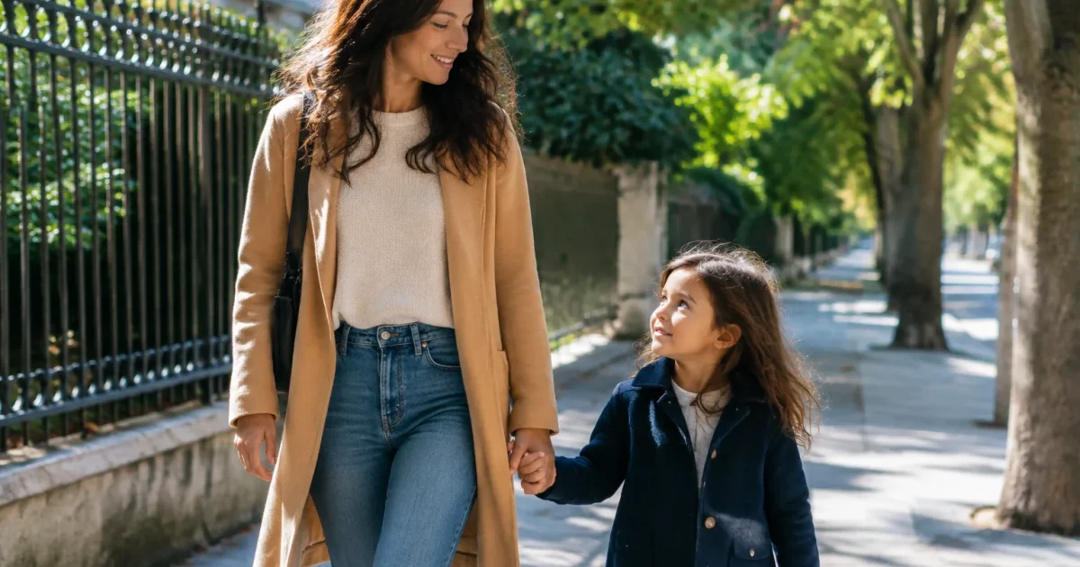 Mere seule accompagnant enfant par la main dehors