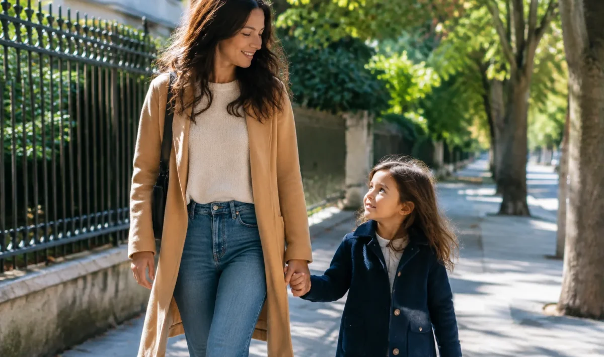 Mere seule accompagnant enfant par la main dehors