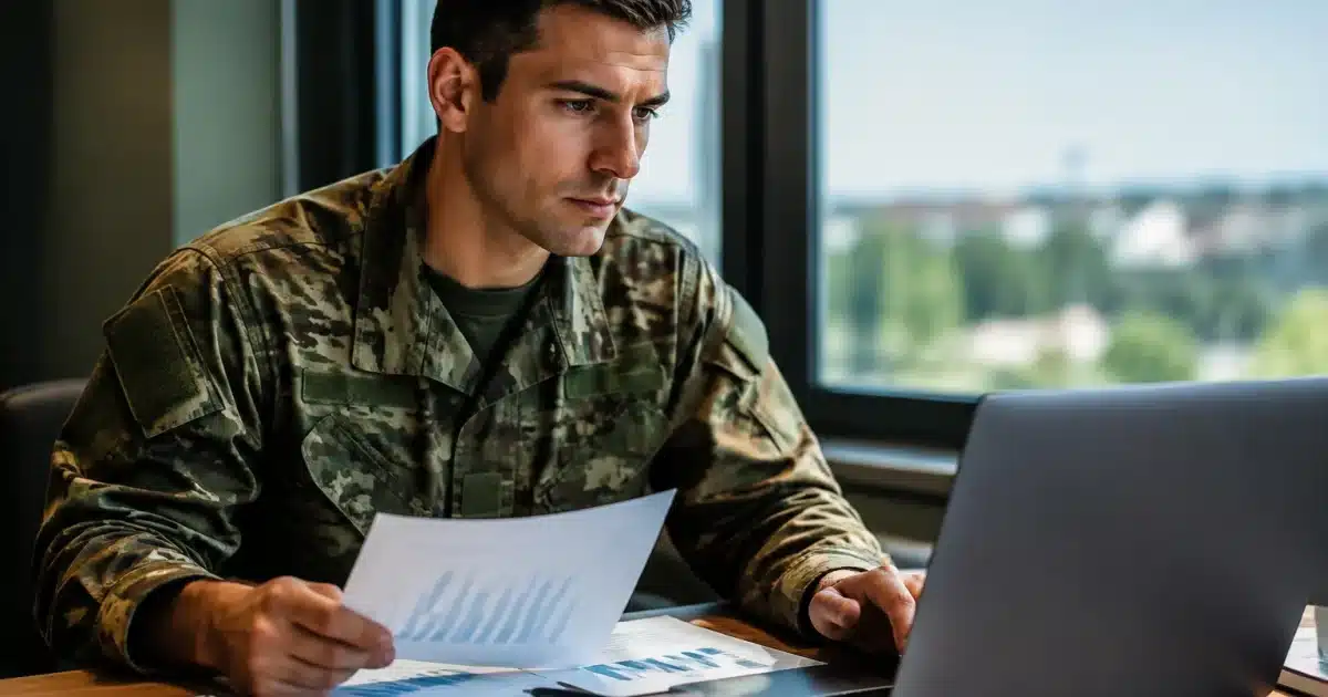 Soldat en uniforme consultant ordinateur portable avec documents financiers.