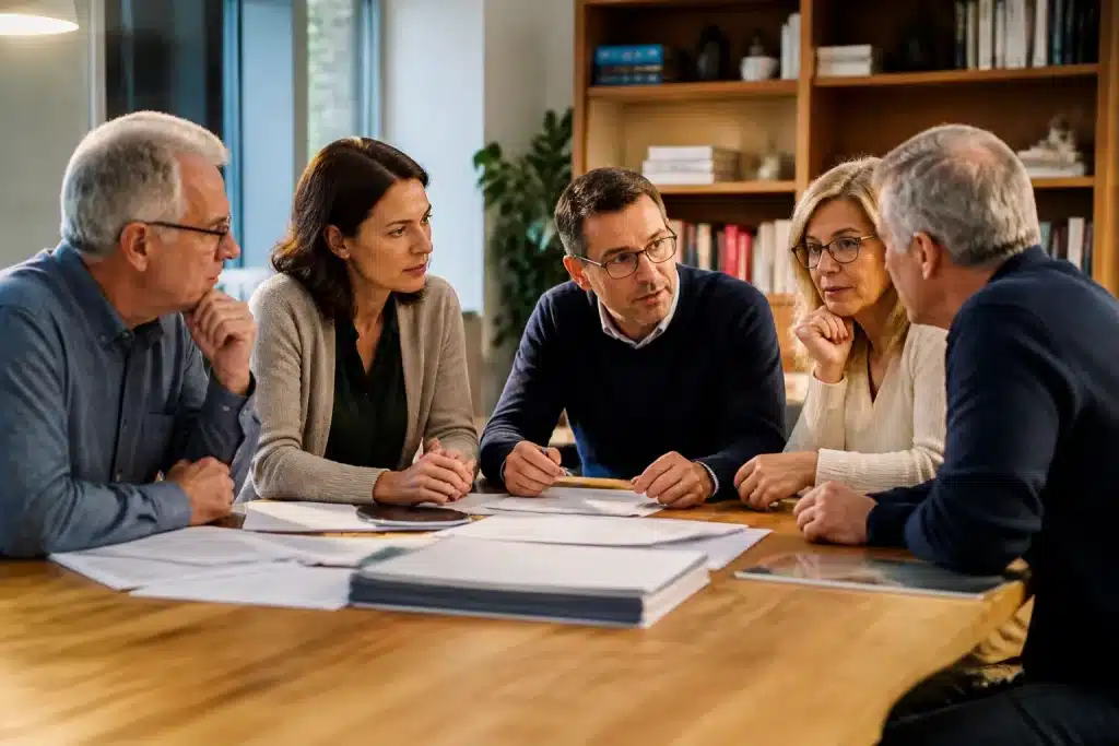 Groupe de copropriétaires discutant autour d'une table avec documents