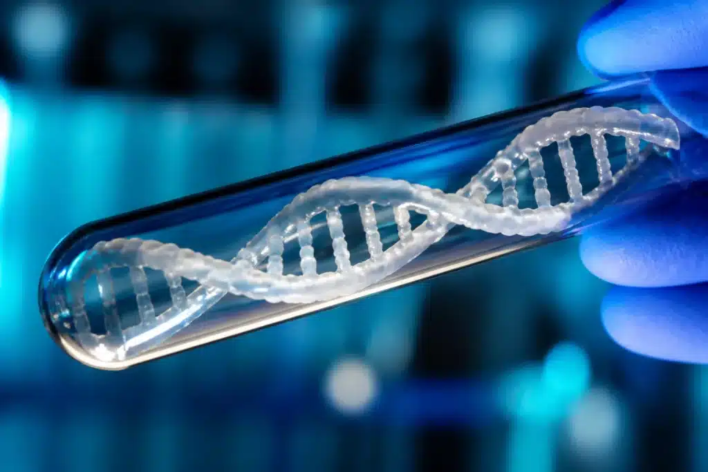 Molecules d'ADN dans tube de laboratoire brillant
