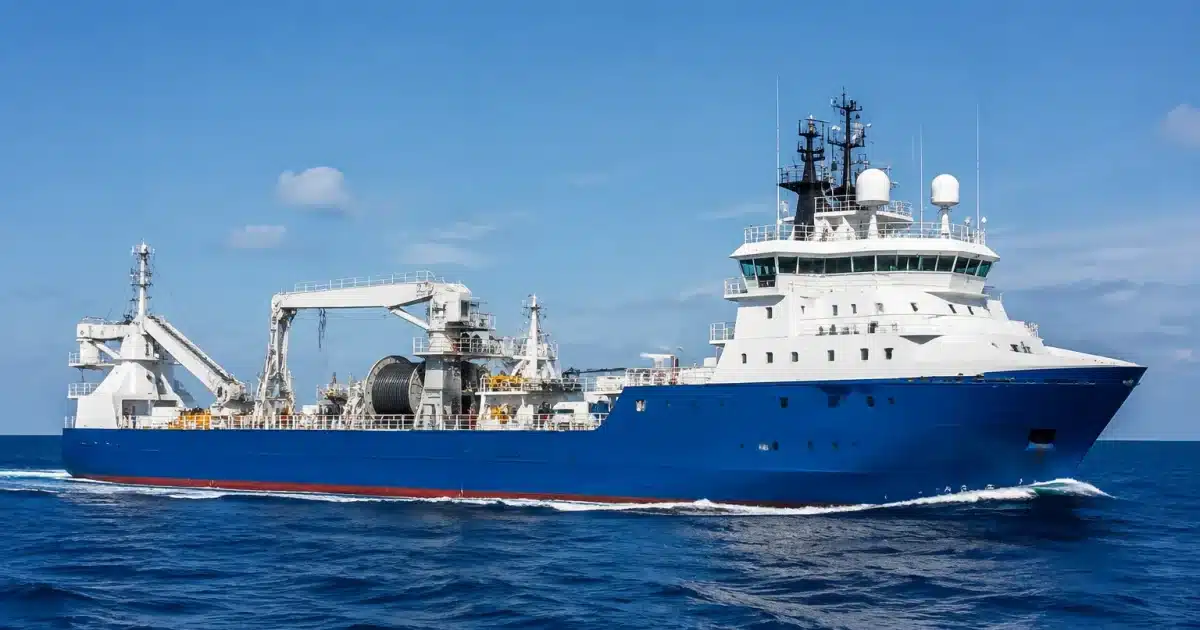 Navire câblier moderne avançant en mer, vue de profil