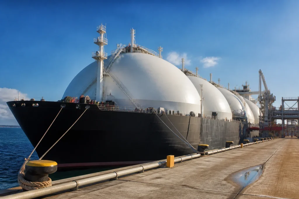 Navire reservoirs spheriques accoste quai terminal