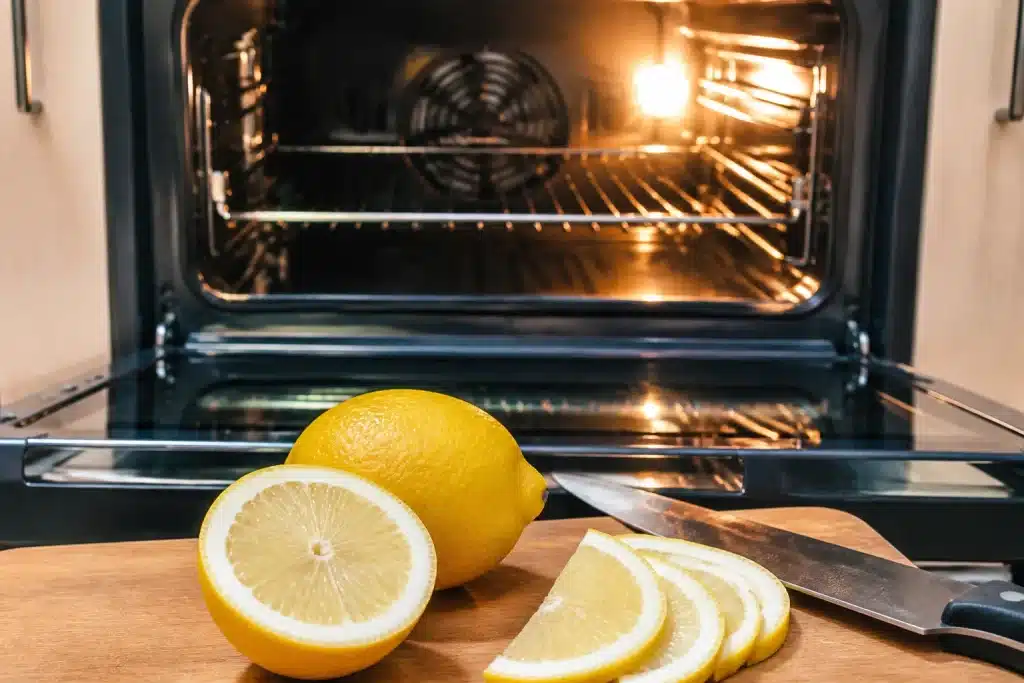 Citron frais coupé devant porte four ouverte brillante