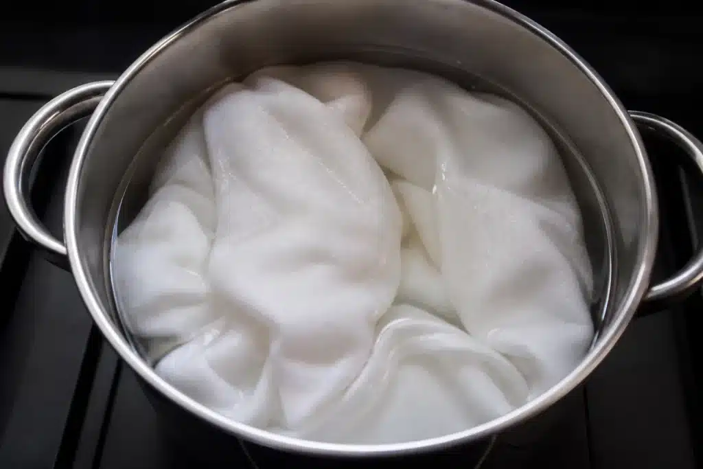 Casserole remplie d'eau chaude avec torchons blancs