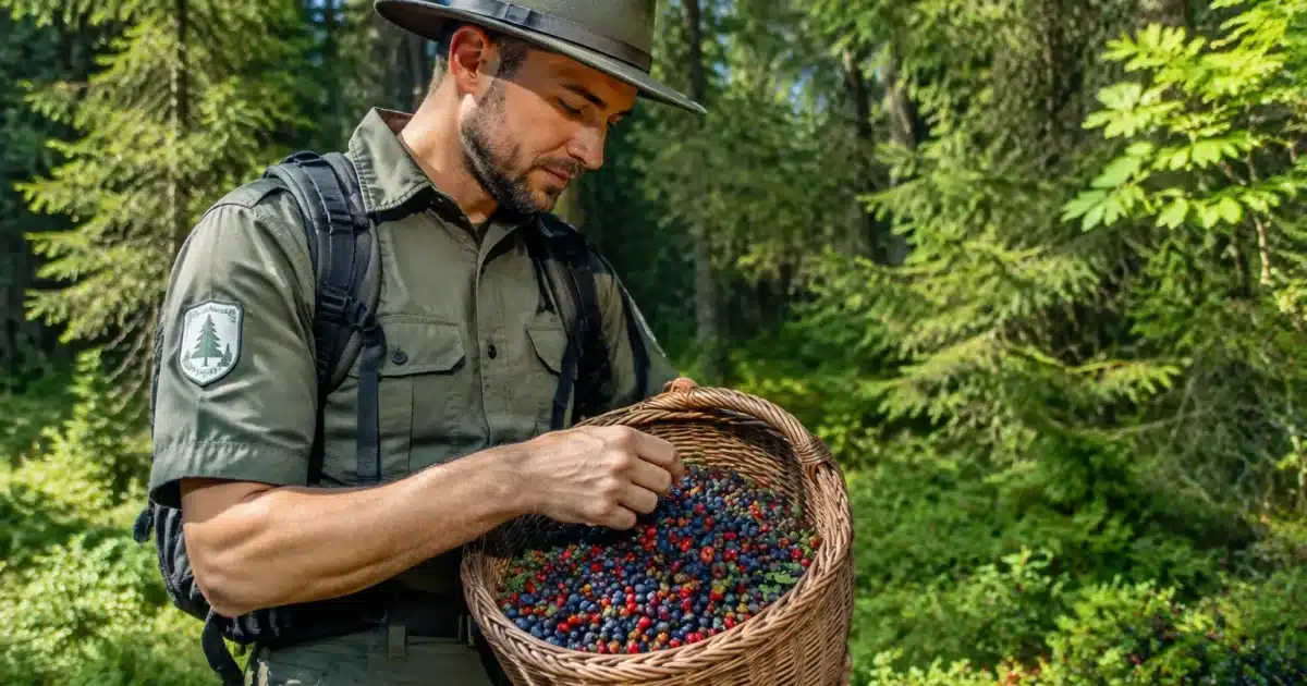 Agent forestier inspect panier rempli baies forêt debout