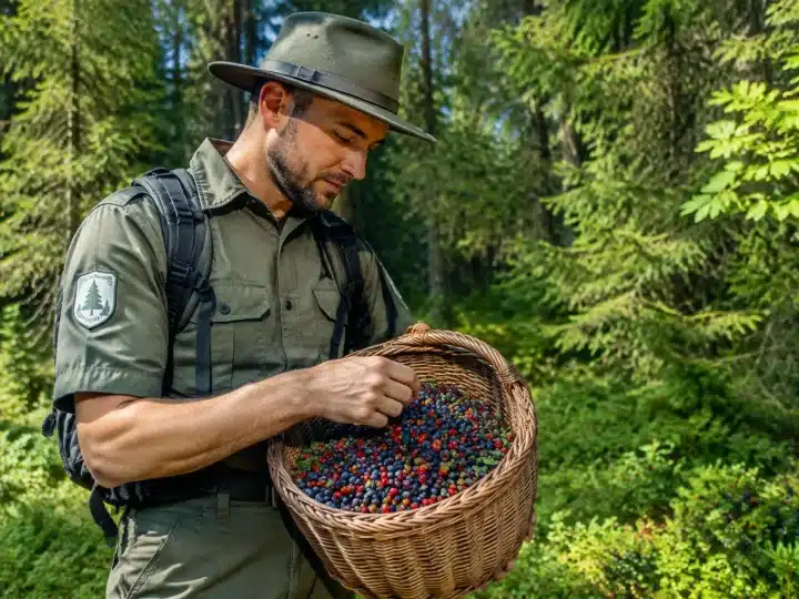 Agent forestier inspect panier rempli baies forêt debout