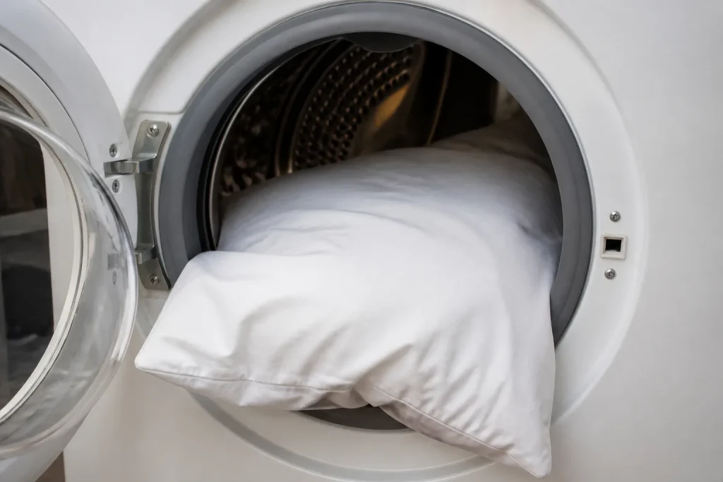 Oreiller blanc charge dans tambour machine a laver
