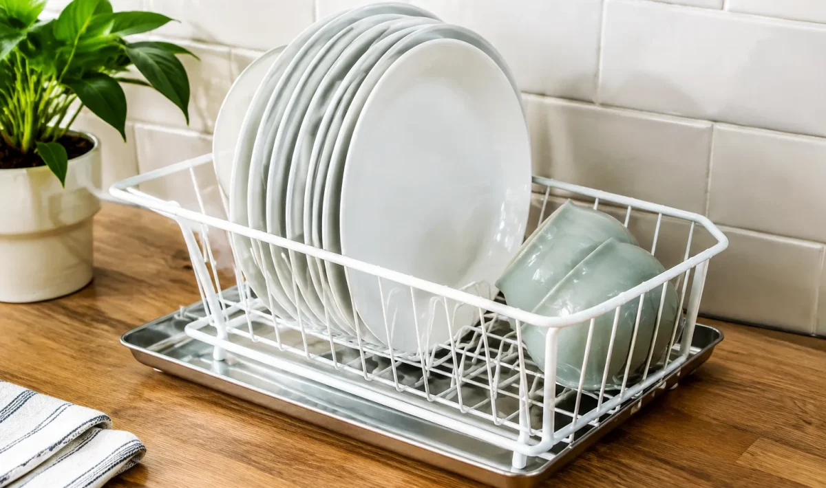 Panier blanc rangement assiettes incline plateau metal